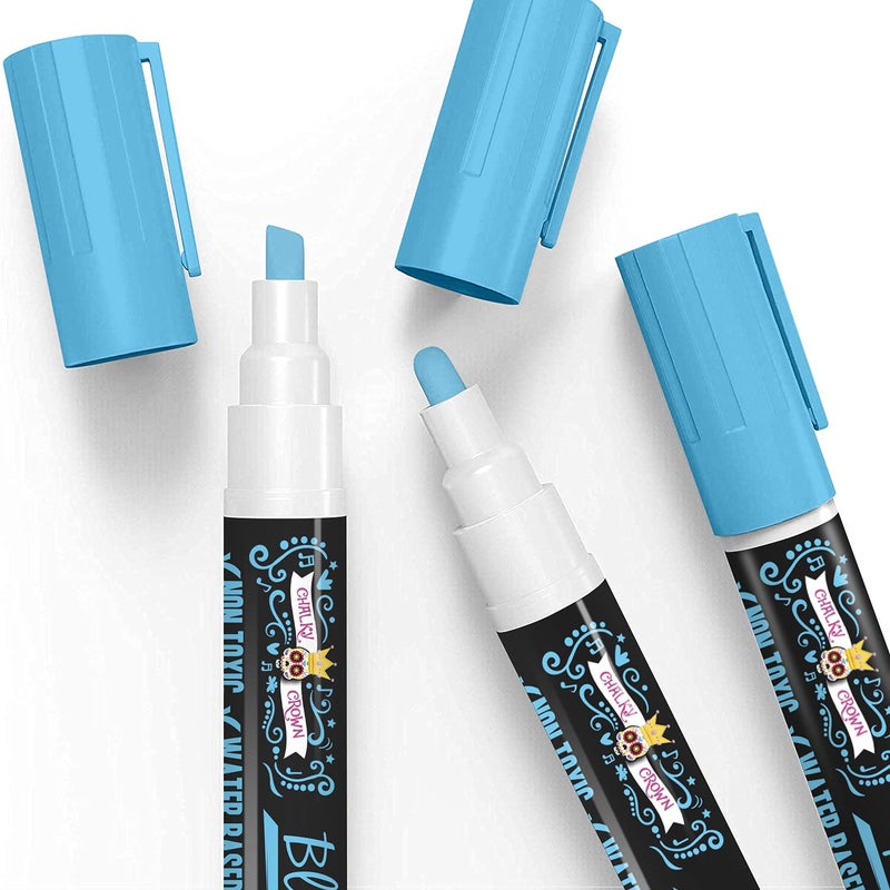 CHALKY CROWN قلم ماركر سائل تشالكي كراون - قلم مسح جاف - أقلام طباشير لعلامات السبورة، النوافذ، السبورة السوداء، الزجاج - طرف قابل للعكس 6 مم (أزرق، 5 عبوات) - Image 3